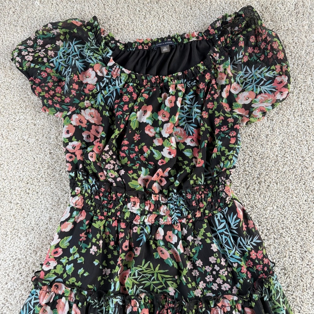 Tommy Hilfiger Dress Womens 12 Black Floral Puff Sleeve Smocked Midi Sundress